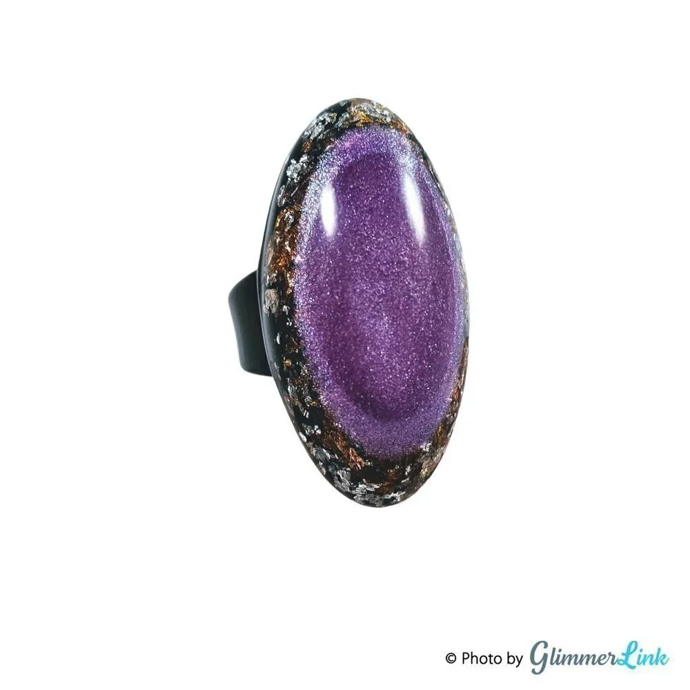 Vintage Resin Purple & Black Glittery Oval Statement Ring